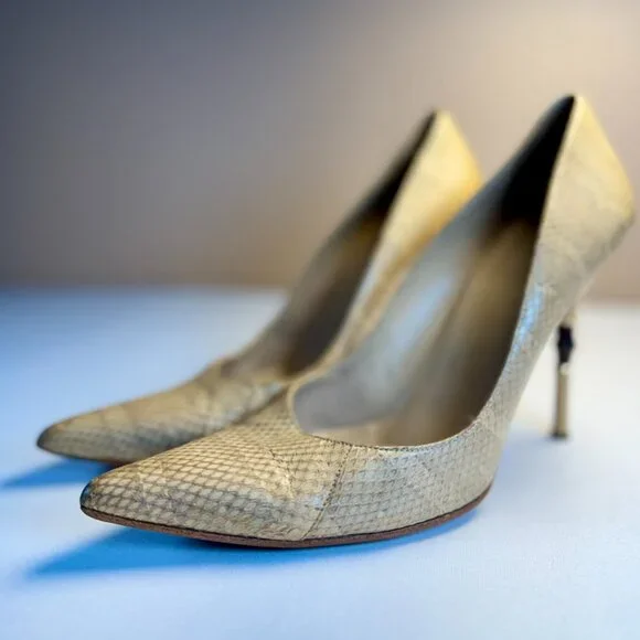 Gucci Python Bamboo Heel Pumps Tan Pointed Toe Vintage Size 40C Made Italy 90s